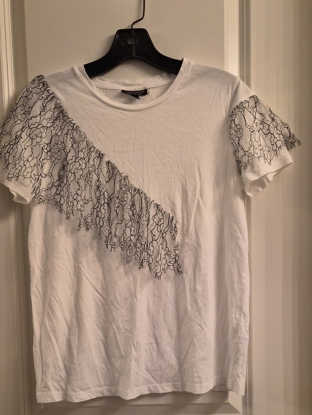 Topshop White Tee with Black Lace-Effect Ruffle